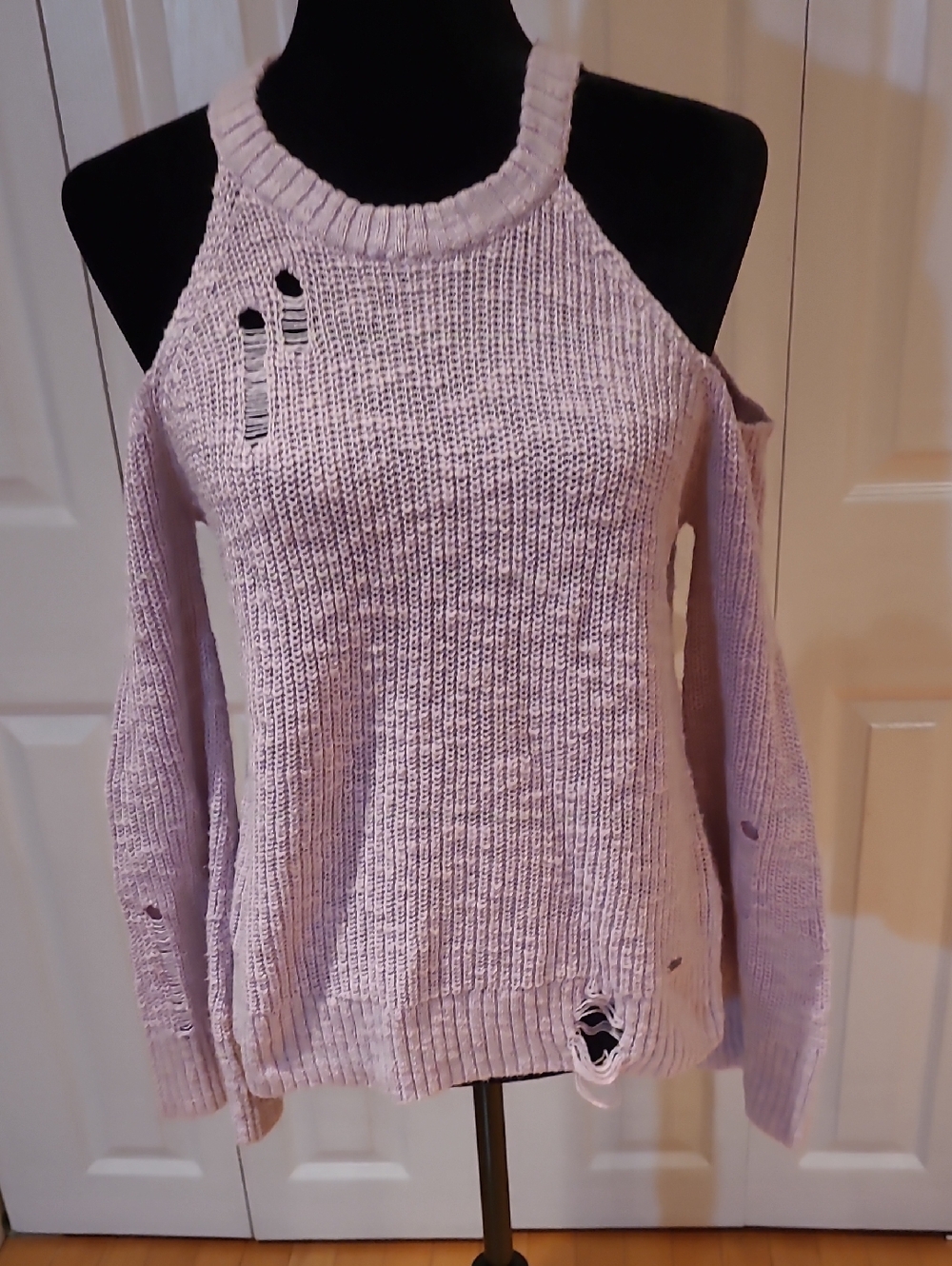 Hollister Lavender Cold-Shoulder Distressed Knit Sweater
